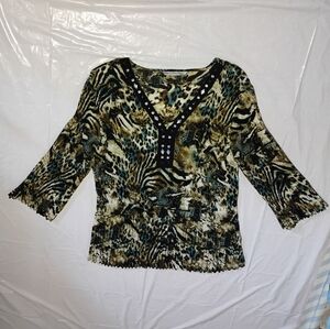 Animal/Lace Print Rhinestone Neckline Accordion Pleat Blouse 2X Larry Levine